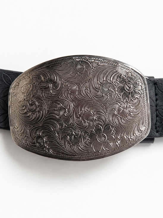 Justin Boots Accessories - Justin Boots Black Leather Belt with Engraved Floral Silver Buckle